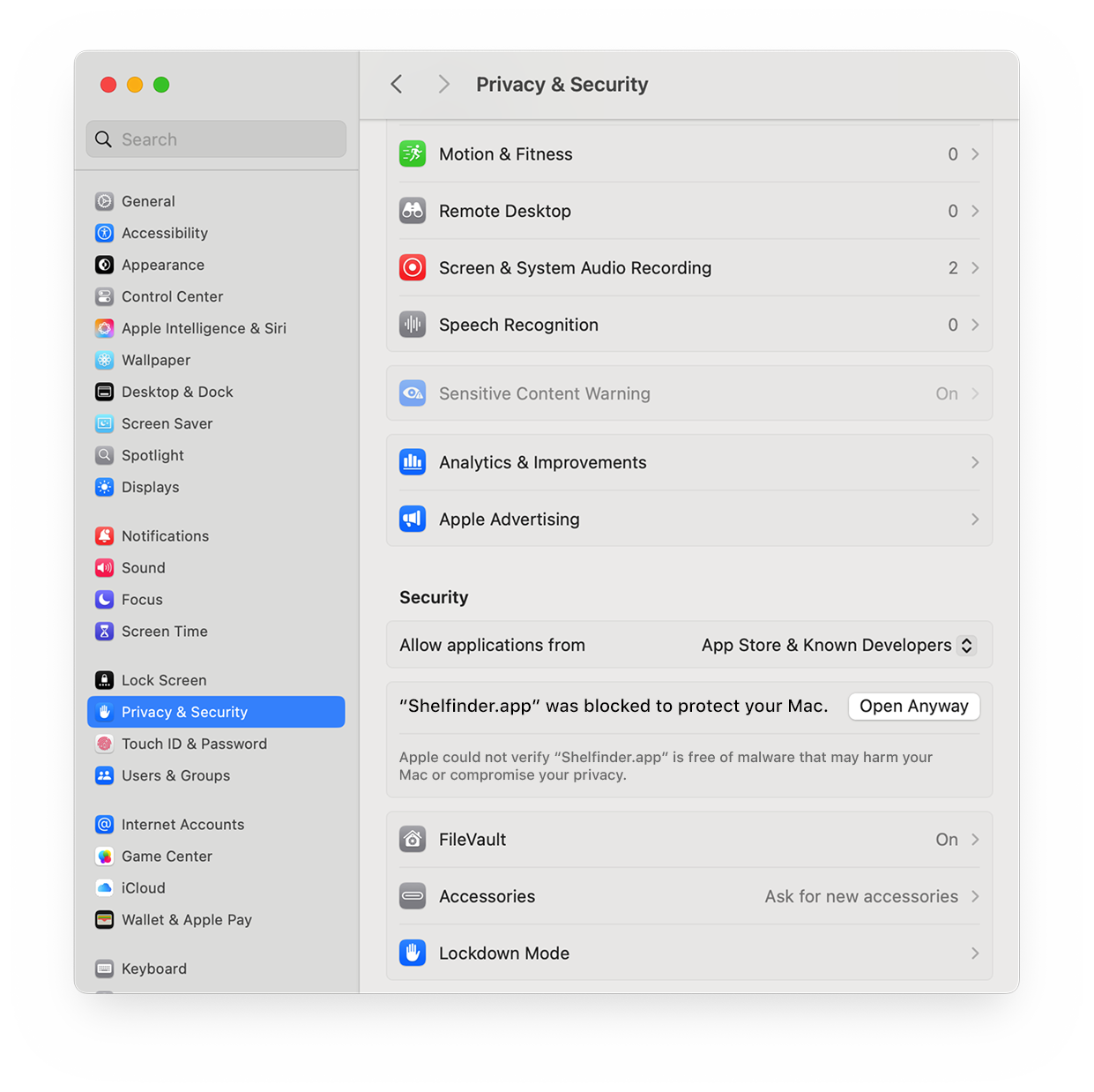 Privacy & Security settings